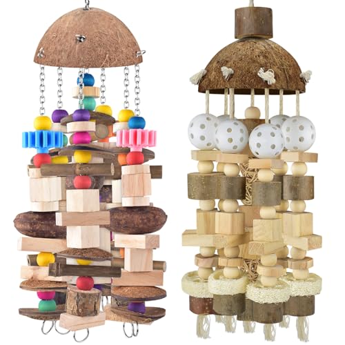 KATUMO Bird Toys, 2PCS Large Wooden Blocks & Coconut Shell Chew Toys for African Grey Cockatoo Amazon Parrots and Medium to Large Birds - style: Plastic ball+Nutshell
