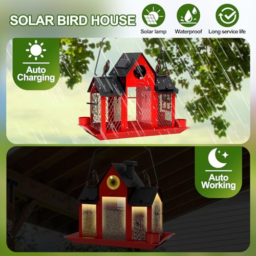 Solar Bird Feeders for Outdoors Hanging, Bird Houses for Outside | Red,Cardinal Bird feeder,Wild Metal Bird Feeder Squirrel Proof,7LBS Large Capacity with Water Cup,Gift for Bird Lovers - color: Red