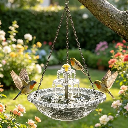 Solar Cascade Hanging Bird Bath, 3-Layer Powered Birdbath Fountain, Grey | Outdoor Water Dispenser for Hummingbirds, Hummingbird Bath Shower Bowl for Garden Yard - color: Grey