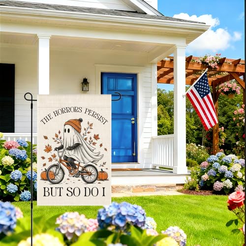 RZHV The Horrors Persist But So Do I Double-Sided Garden Flag for Outdoor House Yard Sign Garden Decor Parade, Funny Autumn Ghost Social Justice Front Yard Flag, Halloween House Outdoor Decor Banner - color: Horrors F
