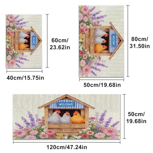 Farmhouse Kitchen Rugs Set of 3, Non Slip Washable Durable Stain Resistant Floor Mat Set,Welcome Coop&Pink Floral Pattern Warm Home Decoration,Rooster Welcome Kitchen Runner Rug 16"X24"+20"X32"+20"X47 - color: Multicolour-coop&pink Floral
