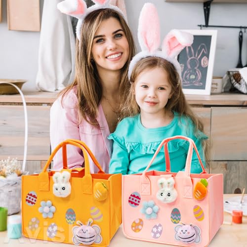 Aviski 2PCS Easter Egg Hunt Bags, Easter Bunny Gift Bags with Handles, Easter Treat Bags, Felt Easter Bags for Gifts Wrapping, Egg Hunt Game, Easter Party Supplies, 12" x7.8" x6.8"(Pink + Orange)