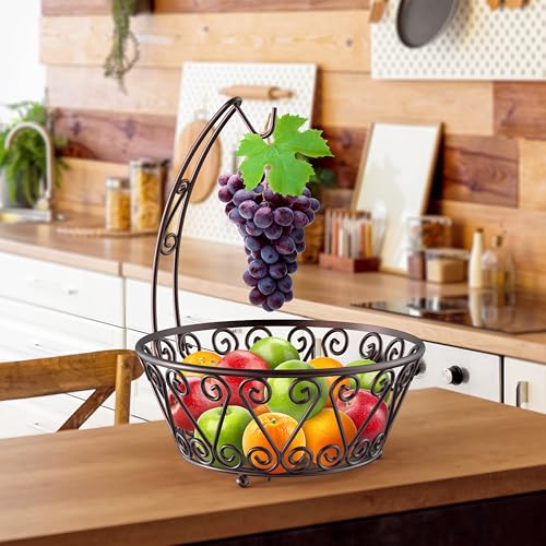 SimpleHouseware Fruit Basket Bowl with Banana Tree Hanger, Bronze - color: Bronze