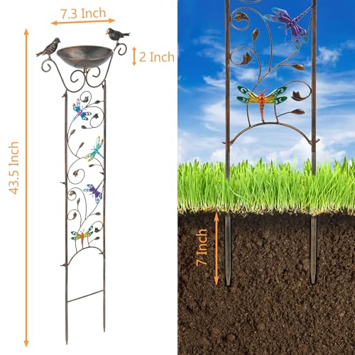 BAYN 43.5 Inch Metal Bird Bath Bowl with Garden Trellis Outdoor | Easy Install, Garden Birdbath and Plants Trellis 2 in 1, Decorative with Dragonfly, Functional Decor for Yard Patio Lawn - style: Dragonfly