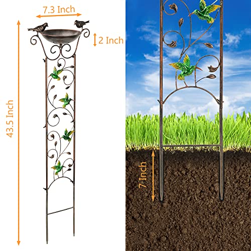 Bird Bath for Outside, Freestanding Birdbath and Trellis 2 in 1 | 43.5 In, Antique Iron, Rust-Proof, Decorative with Hummingbirds, Detachable Drinking Basin Bowl, Birdfeeder Station - color: Hummingbird