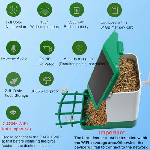 Ceeyali Smart Birds Feeder with Camera and 64GB Memory Card, 2K HD Video & Photo Live View, Solar Powered Panel, AI Birds Identification, 2.4G WiFi, 2.1L Seed Capacity (Green) - color: Green