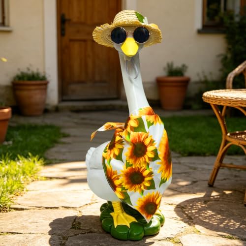 Porch Goose Statues Garden Decor, 20 "Large Resin Sculpture with Outfit | Porch Duck Weatherproof Ornament for Patio, Lawn & Yard, Ideal Housewarming & Birthday Gift for Mom, Women & Men - style: sunflower bandana goose