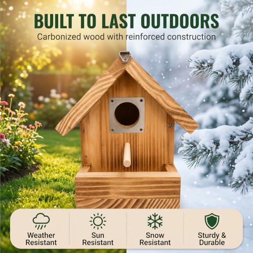 Window Bird Houses for Outside with Clear See-Through Viewing Window | 2-in-1 Wooden Birdhouse with Feeder, Suction Cups & Hanging Rope, Carbonized Wood Bird House for Bluebird Wren Finch - color: Side
