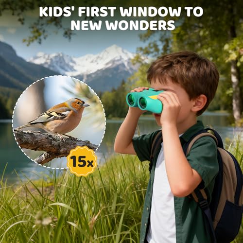 Aurosports 15x25 Compact Binoculars for Kids with Bird Guide Book, Green | Lightweight Easy Focus with Carrying Case & Strap; Durable Fully Coated; Birdwatching Cruise Travel Gift for 8-12 Boys Girls - color: Green