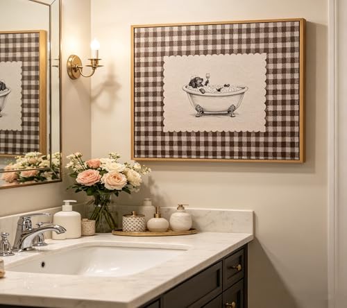 Floating Framed Vintage Dog Stripe Bathroom Canvas Wall Art, Dachshund in Bathtub Painting Picture Wall Decor, Retro Funny Bath Gingham Poster Print Artwork for Toilet, Home Decoration 8x10in - color: cute dog, size: 10"L x 8"W