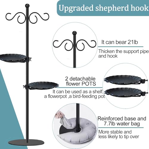 Thickened 74.5" Shepherd's Hook with Stand，Bird Feeder，Wind Chime Hanger Stand, Waterproof Metal & Adjustable-Height Pole Holder for Lantern ，Wreath, Hanging Plants Indoor & Outdoor（2 Placement Racks) - color: Thickened-Dark Black