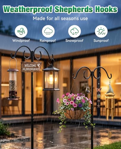 Shepherds Hooks for Outdoor Plant Hanger Hummingbird Feeders for Outdoors | Double Shepherds Hooks ,86 Inch Bird Feeder Pole, Thick Heavy Duty Bird Feeder Stand with 5-Prong Base,Solar Light,2 Pack - size: 86inch-2pack