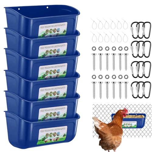 Chicken Feeder Waterer, 6 Pack Duck Feeder Supplies, Hanging Fence Feed Trough with Clips for Goat, Sheeple, Piglet, Gooses, Turkeys, Dog Livestock Poultry, Blue - color: 6 pack Blue