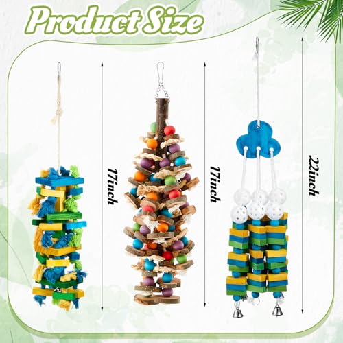 Seenelling 3 Pcs Extra Large Bird Toys for Parrots, Blue Block | Multicolored Natural Wooden Blocks & Beads Bells, Bird Cage Chewing Toys for Large Medium Macaws African Grey Cockatoos - style: Blue Block