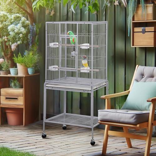 ZENY 53-Inch Bird Cage, Wrought Iron Flight Birdcage, White | with Rolling Stand, Bird Flight Cage for Cockatiels Pet Parrot Parakeet Lovebird Canary Finch - color: White