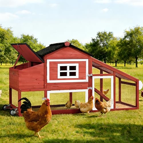GUTINNEEN Large Chicken Coop with Wheels, Expandable Mobile Chicken House for Outdoor Use, Hen House Poultry Cage with Nesting Box, Leakproof Pull-Out Tray & UV-Resistant Roof – Red - color: (Red)