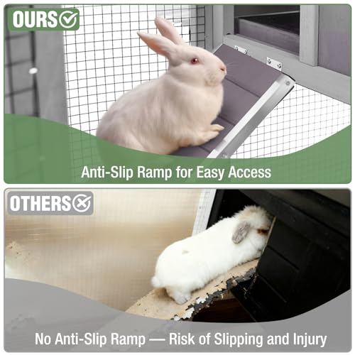 Large Rabbit Hutch Outdoor Indoor, Bunny Cage with 4 Access Areas & Pull-Out Leak-Proof Trays, Waterproof Roof Wooden Bunny Hutch for 1-2 Rabbits, Guinea Pigs, Chickens - color: Grey-XZ7002
