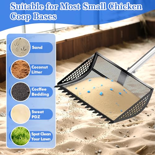Chicken Poop Scooper Rake 2-in-1,304 Stainless Steel Shovel Head, Chicken Litter Scoop with Handle for Chicken Coop for Sand, Pet Waste Cleaning, Litter Sifting Shovel (35 to 65") (Black, 12inch) | Chicken Poop Scooper - color: Black, size: 12inch