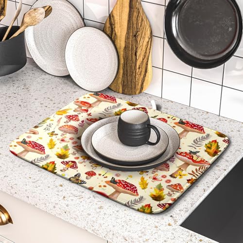 Forest Mushroom Dish Drying Mats Wild Plant Butterfly Kitchen Sink Rack Mats 16 X 18 Inch - color: Wild Plant - Multi, size: 18" x 16"