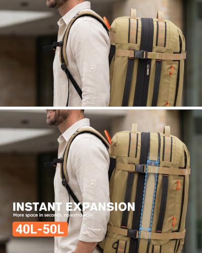 Tolaccea Travel Backpack 40-50L, 16" Laptop Carry On Duffle for Travel Work | 40-50L Expandable, TSA Approved 180° Open, 3L Wet-Dry Pocket, RPET Fabric, 3-in-1 Convertible Carrying, Detachable Waist Belt - color: Khaki