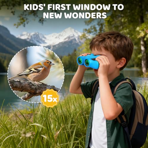 Aurosports 15x25 Compact Binoculars for Kids with Bird Guide Book, Blue | Lightweight Easy Focus with Carrying Case & Strap; Durable Fully Coated; Birdwatching Cruise Travel Gift for 8-12 Boys Girls - color: Blue