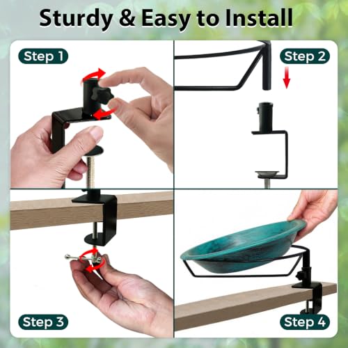 11.5" Deck Mounted Birdbath & Feeder, GreenYard Decor | 2-in-1 Bird Bath & Feeder,Sturdy Deck Clamp,Tool-Free Setup,Weather Rust Resistant,Patio Lawn Decor,Gift for Bird Lovers