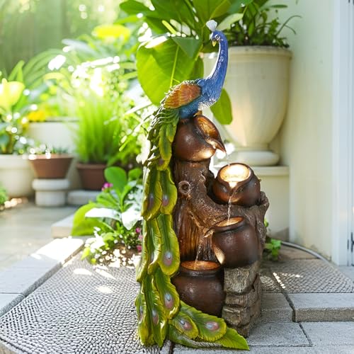 Glitzhome 4-Tier Peacock and Jars Outdoor Water Fountain with LED Light, 40”H Oversized Resin Peacock Sculpture Waterfall Fountain with Submersible Pump for Garden Patio Porch - color: Peacock