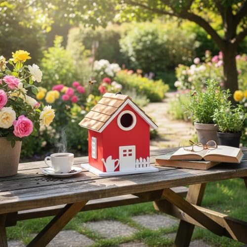 2026 Vinyl Water Proof Bird House for Outside, Shingle Roof Bluebird House Nesting Box, Squirrel Proof Hanging Birdhouse, 5 Years Weatherable for Outdoor Decoration,Bird Box for Pole (Red) - color: Red garden cottage