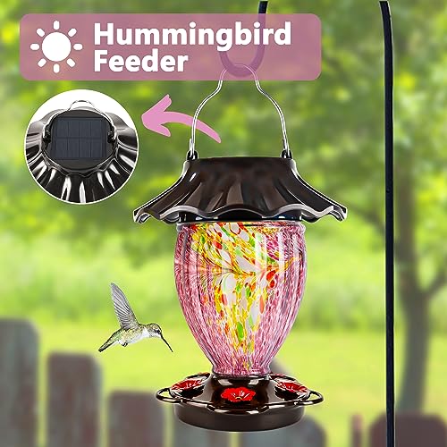 LUJII Solar Powered Hummingbird Feeder for Outside Hanging, Trophy Shaped Hand Blown Glass, Weatherproof, Lighted Lantern for Garden Decor, 32 fl.oz, Never Leak, Unique Gift for Bird Lover(Purple) - color: Purple