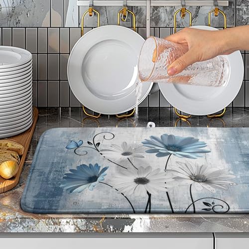 Dish Drying Mat for Kitchen Counter 18x24 Inch Blue Grey Daisy Drying Pads Rustic Vintage Floral Dish Dry Mat Microfiber Absorbent Farmhouse Dish Drainer Mat Flowers Dish Drainer Rack Mat - color: Blue Grey Daisy, size: 18" x 24"