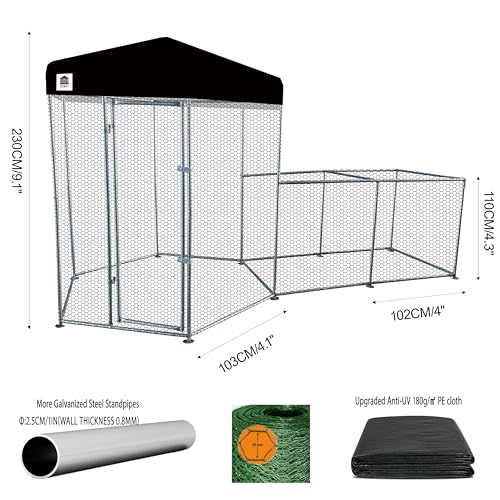 Hexagonal Metal Chicken coop with Cover for Yard, 12.5x6x7.5ft Large Chicken Run for 8 Chickens, Walk-in and Weatherproof Design Duck Pen, Thickened Black UV Protection Cover - size: 150.0"L x 90.0"W x 71.0"H