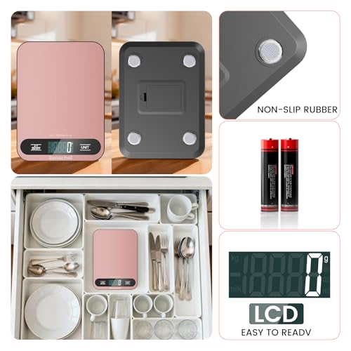 Premium Digital Kitchen Scale, Precision Accurate to 1g, Stainless Steel with LCD Display, 6 Units with Tare Function，Pink - Perfect for Baking, Cooking, and Coffee