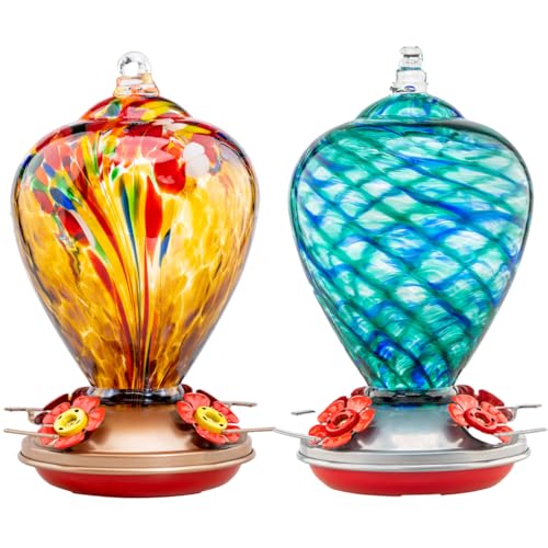 2 Packs Hummingbird Feeder for Outdoors Hanging Ant and Bee Proof, 34OZ 32OZ Hand Blown Glass Hummingbird Feeders for Outside (Yellow & Blue) | LaElvish Garden 2 Packs Hummingbird Feeder for Outdoors Hanging Ant and Bee Proof, - color: Yellow & Blue