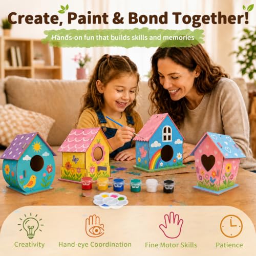 BELEEV 4 Pack Bird House Kit for Kids, DIY Birdhouse Kits to Build & Paint, Include Paints & Brushes, Wooden Arts and Crafts Gift for Children Boys Girls Ages 4-12 - color: 4 Pack Bird House