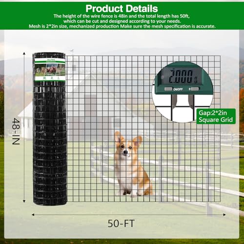 GILPWA Wire Fence, 48 in(H) X 50 ft(L) PVC Coated Welded Wire Fencing 2" X 2" 16GA Garden Border Vinyl Metal Chicken Wire Fencing Mesh Roll for Yard Vegetable Plant Protection Poultry Netting Black - size: 48in*50ft