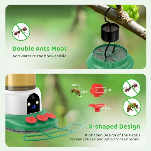 SEHMUA Smart Hummingbird Feeder with Camera, Solar Powered Humming Bird Camera Feeder with 1-Year AI Bird Identification Trial, Ant Moat & Bee-Proof, Outdoor Hanging, Gift for Bird Watching - color: Green