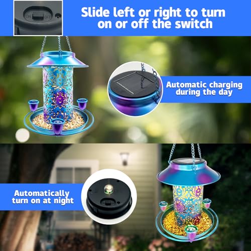 Solar Bird Feeder for Outdoors, 3 Nectar Cups for Hummingbirds, Metal Squirrel-Proof Weatherproof, 2-in-1 Garden Lantern Auto Light at Night, Perfect for Birthdays, Christmas, Bird Lovers