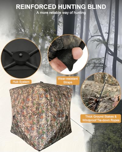 Portable Hunting Blind for 3-4 Persons for Turkey Duck Hunting | 270° See Through Ground Deer Blind with Silent Windows, Windproof Pop Up Blind with Carry Bag, Tent Stakes and Wind Ropes