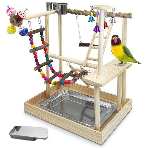PINVNBY Bird Playground Parrot Perch Stand Play Gym Cockatiel Wood Bird Toys Birds Cage Accessories Playpen Ladder with Feeder Cups Hanging Swing Toys for Parakeet Conure Lovebird Cockatiel - size: Two Floors With Bell Platform