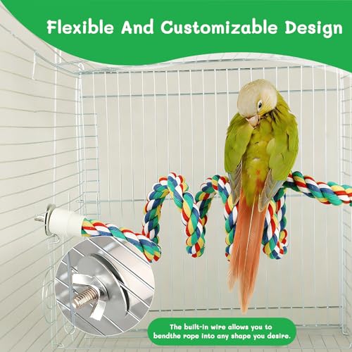 48" Bird Rope Perch & 2 Pack 7.9" Pepper Wood Perch Set, Flexible Climbing Toy & Bird Cage Perches for Parakeets, Cockatiels, Budgies, Lovebirds & Small to Medium Birds