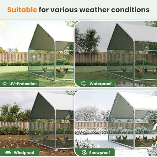 Metal Chicken Coops Walk-in Chicken Run with Waterproof Hardware Cloth Cover Poultry Cage with Split Double Door - color: Silver, size: 120.0"L x 79.0"W x 79.0"H