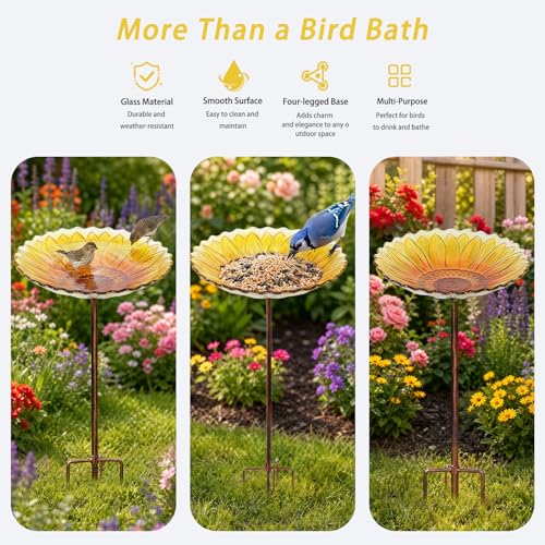 Glass Bird Bath, Garden Outdoor Birdfeeder with Metal Stake, Yellow | Birdbaths with metal stand to attract cardinals and blue jays wild birds and beautify outdoor sunflower gardens decor - color: Yellow