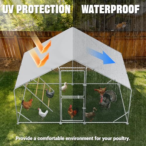Acepic 10x6.5x6.5ft Metal Chicken Coop with Roosting Perches & Door Lock | Walk-in Poultry Cage with Waterproof & UV Resistant PE Top, Predator-Proof Hen Run for Yard, Farm, Chicken, Duck, Rabbit - size: 118.1"L x 78.7"W x 78.7"H