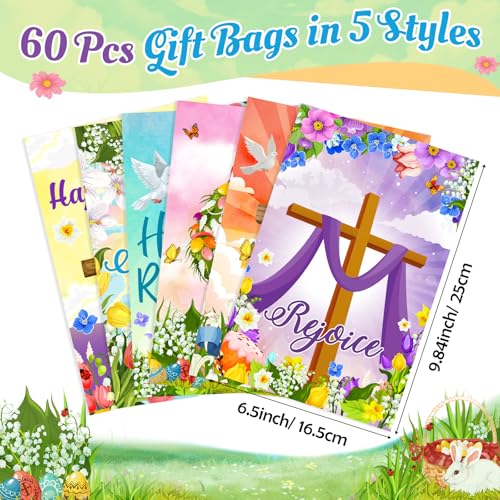 Honeydak 60 Pcs Religious Easter Treat Bags Plastic Easter Candy Treat Goodie Cookie Bags Christian Cross Party Favors for Spring Sunday School Church Party Supplies