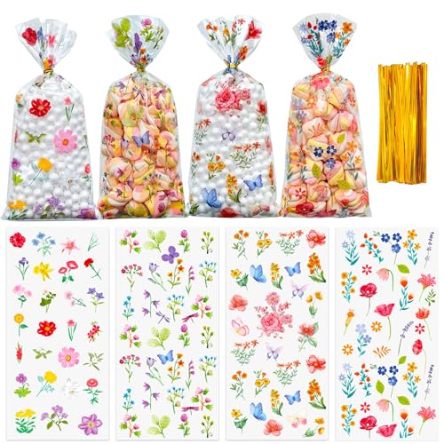 Soarvita Wildflower Cellophane Treat Bags: 50Pack Clear Plastic Floral Goodie Bags with 60 Ties for Cookies Snacks & Gift Packaging, Spring Candy Bag for Baby Bridal Shower Wedding Party Favors - color: Floral-50pcs