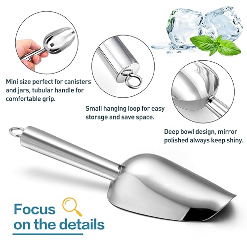 Herogo 3oz Mini ice Scoop Set of 2, Small Stainless Steel Scooper for Candy/Flour/Bean/Pet Food/ Ice Cube, Metal Utility Scoops for Kitchen Bar Party Wedding, Dishwasher Safe & Heavy Duty - color: Silver