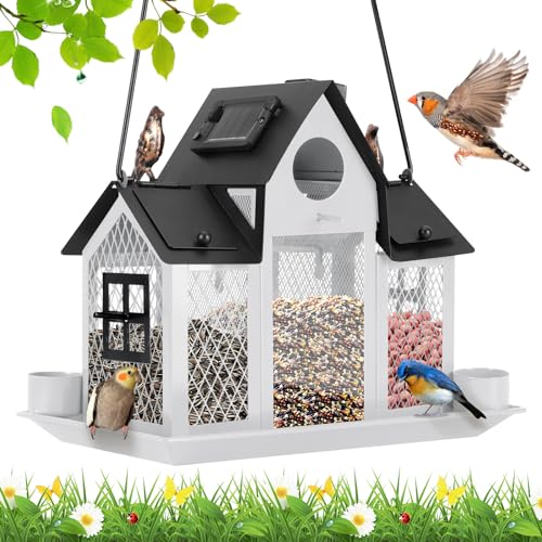 Solar Bird Feeders House Outside Hanging Metal Wild Bird Feeder Outdoors Large Cardinal Bird Feeder Birdhouses Squirrel Proof White - color: White