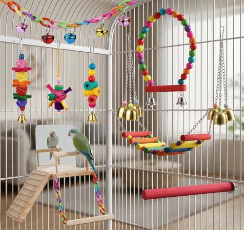 Bird Toys cage Accessories Parakeet Parrot Swing Wood Stand Perch with Mirror Climbing Ladder Interactive Hanging Toy for Budgerigar Conure Cockatiel mynah Finches