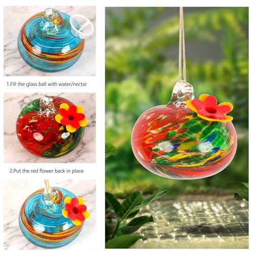 2 Pcs Blown Glass Hummingbird Feeder for Outdoors Hanging | Ant & Bee Resistant Window Bird FeederHandmade Garden Decor Gift for Women - Small Round Glass Feeders Bundle - color: Ellipse B2