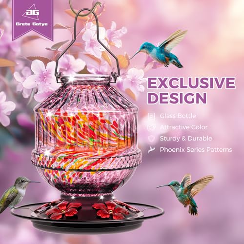Hand Blown Glass Hummingbird Feeders for Outdoors, 25 Ounces Wild Bird Nectar Feeder with Perch & 5 Flower Feeding Ports Leak Proof Hanging for Garden Backyard Decor, Gifts for Women Mom, Purple - color: Phoenix Purple